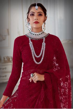Red color cut bead and thread work saree