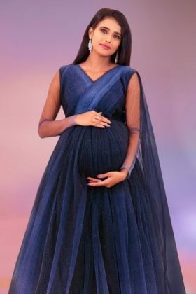 Double shade blue colour gathered gown