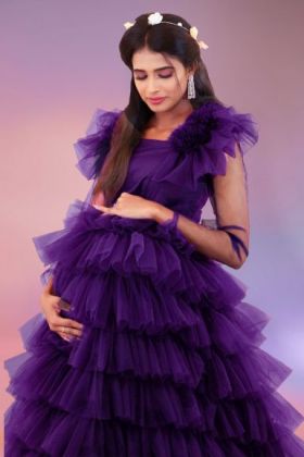 Dark purple tulle prom long gown