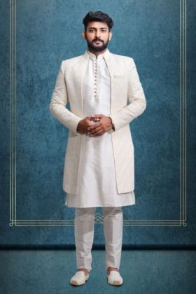 Plain Hem Off White Lakhnavi-Sherwani