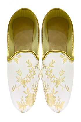 Off-White And Gold mojari in silky jacquard fabric