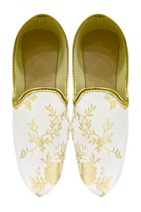 Off-White And Gold mojari in silky jacquard fabric