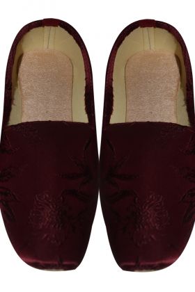 Dark Maroon mojari in silky jacquard fabric