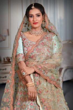 Turquoise blue sequins embroidery work net lehenga