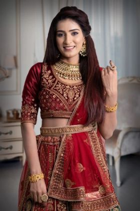 Maroon multi colour velvet lehenga