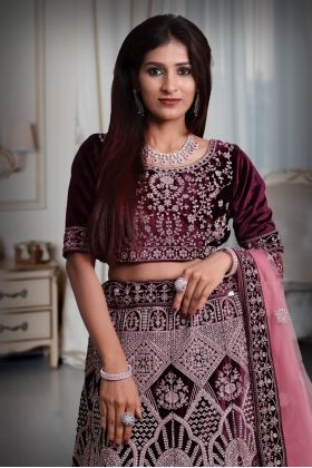 Grape velvet pink thread work lehenga