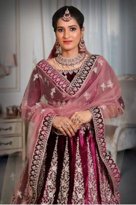 Dark wine silver thread work lehenga