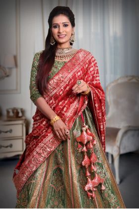 Green multi colour banarasi jarkan work lehenga