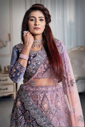 Gray & Maroon combination jarkan stone work lehenga