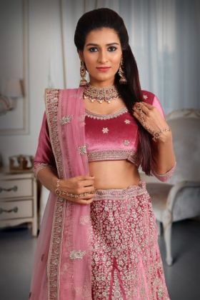 Pink  jarkan stone golden thread work velvet lehenga