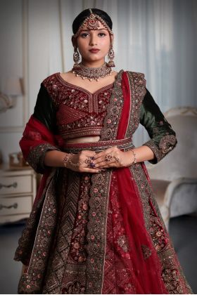 Maroon & Green big ghera work lehnga
