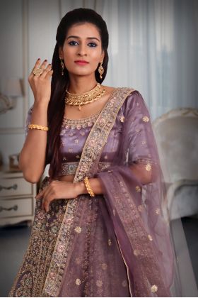 Violet golden embroidery & jarkan ston ework lehenga