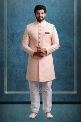 Peach And Gold Majestic Jacket Sherwani With Dupattaa