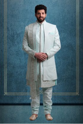 Sea-Blue And Gold Magnificent Jacket Sherwani With Dupatta
