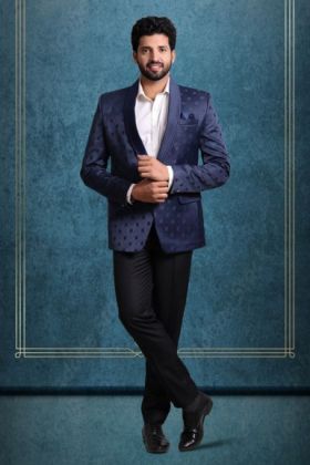 Navy Blue Silky Jacquard Ritzy Blazer