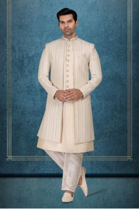 Off-White, Cream And Gold Fascinating Jacket Sherwani