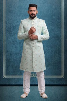 Powder Blue & Gold Fashionable Classic Sherwani