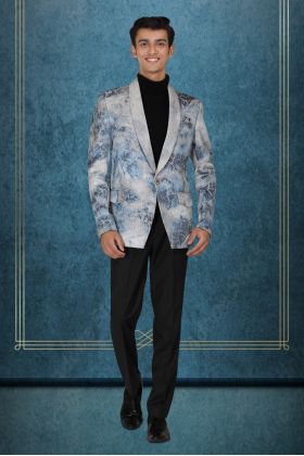 Blue And White Silky Jacquard Awesome Blazer