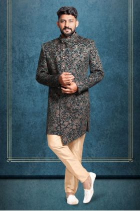 asymmetrical cut jacquard in green indowestern