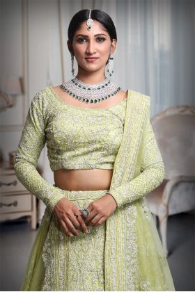 Pista green heavy thread work and jarkan stone work lehenga