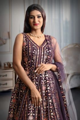Dark Purple Color Heavy Contrast Threadwork Georgette Gown