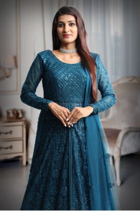 Spruce blue colour shimmery full sleeve gown with same colour dupatta