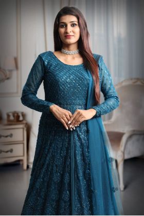 Spruce blue colour shimmery full sleeve gown with same colour dupatta