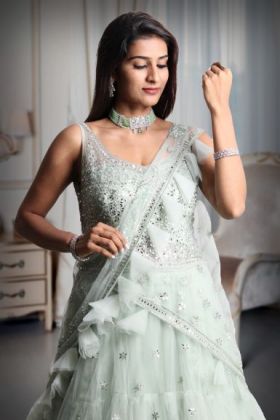 Pastel Green Colour Heavy Stone Work Sleeveless Gown With Draped Dupatta With Detailed Embellishment Work